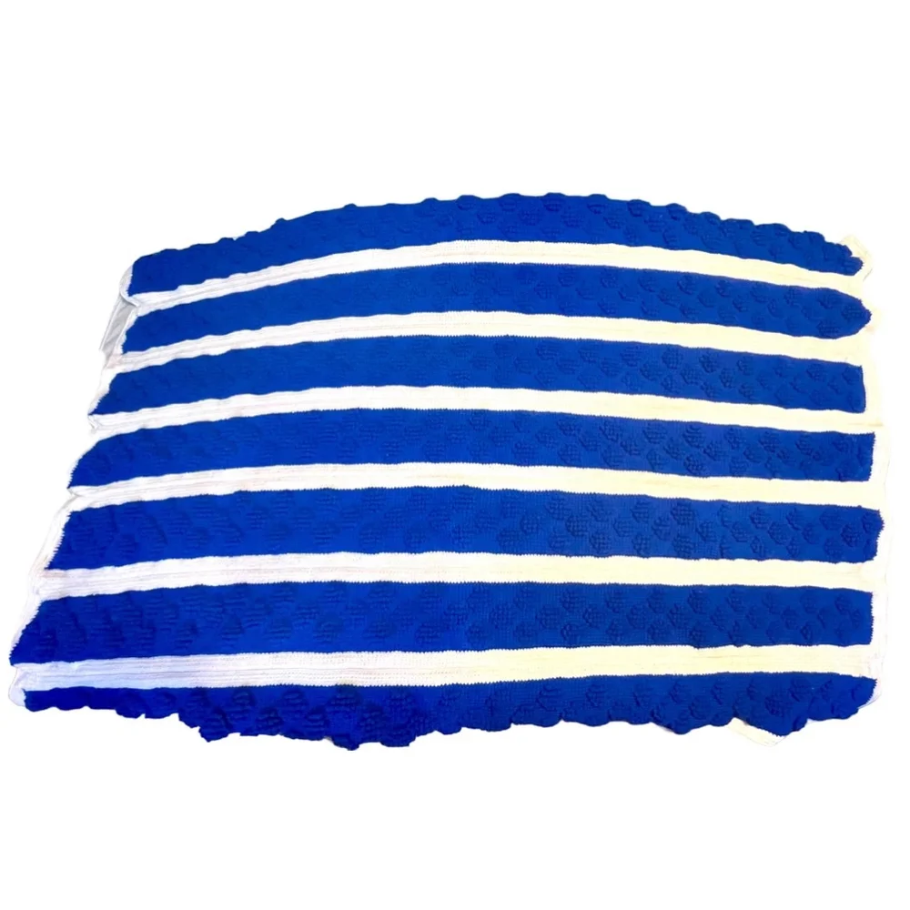 Handmade Afghan Blue and White Striped textured puffs crochet blanket school